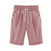Women's Elastic Waist Casual Comfy Cotton Linen Beach Shorts with Drawstring Pockets Knee Length Curling Bermuda Shorts